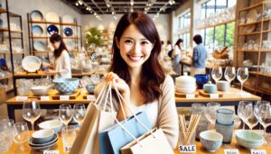 食器やグラスのセールイベント　店内や買い物の様子